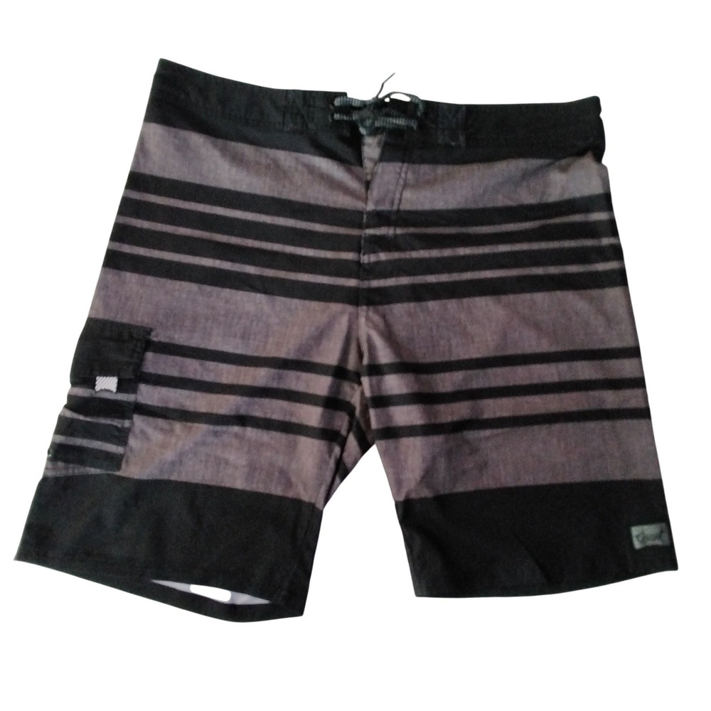 Beautiful Giant Mens Ergo Flex Board Shorts Black Gray Striped Swim Trunks 38